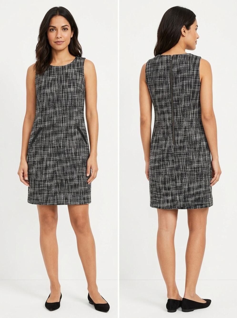 Loft Black White Tweed Sleeveless Shift Dress Pockets Women Size 2P